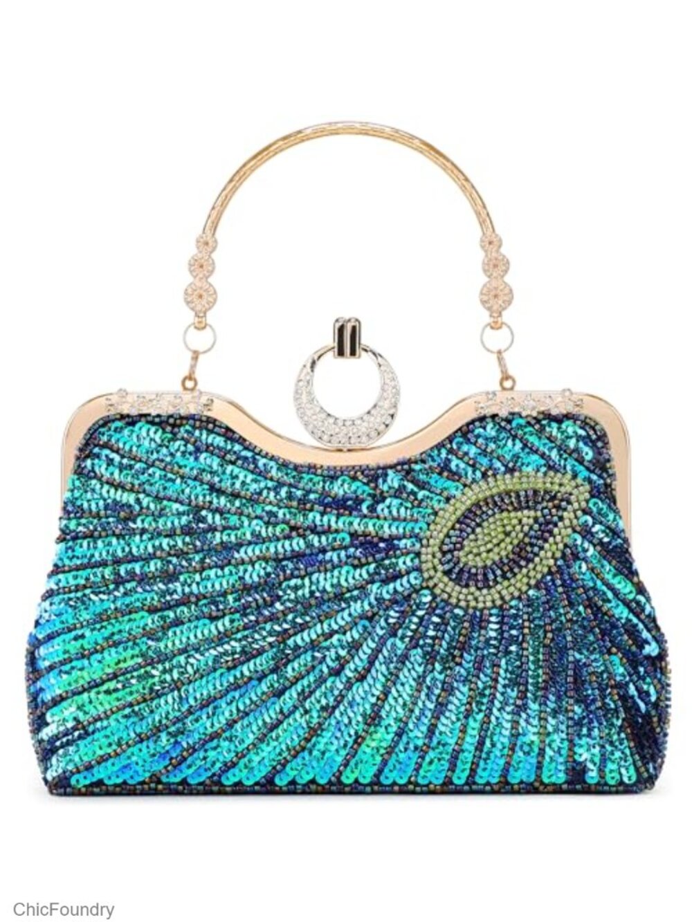 Beaded Sequin Peacock Clutch Evening Bag with Chain Strap